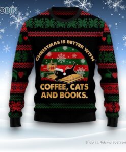 Christmas Better With Cat And Book Ugly Christmas Sweater, Christmas Gift For Cat Love