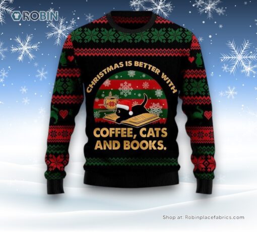 Christmas Better With Cat And Book Ugly Christmas Sweater, Christmas Gift For Cat Love
