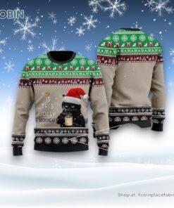 Christmas Black Cat With Coffee Is This Jolly Enough Ugly Christmas Sweater, Christmas Gift For Cat Love