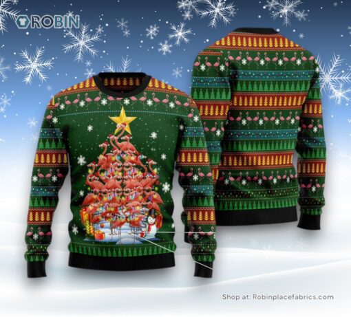 Christmas Tree Ugly Sweater, Flamingo Christmas Tree Snowman Ugly Christmas Sweater, Funny Xmas Sweater