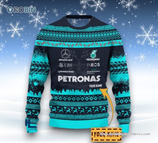 Custom Name Mercedes AMG PETRONAS F1 Team Ugly Sweater and Sweatshirt