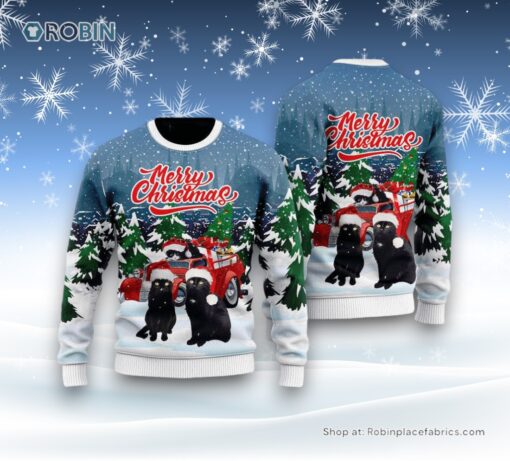 Cute Black Cat Ugly Christmas Sweatshirt, Sweater, Christmas Gift For Cat Love