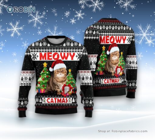 Cute Cat Sweater Meowy Catmas Ugly Christmas Sweatshirt, Sweater, Christmas Gift For Cat Love