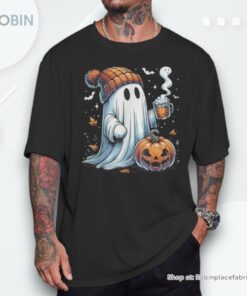 Cute Ghost Drinking Coffee Halloween Ghost Ice Coffee Womens Shirt