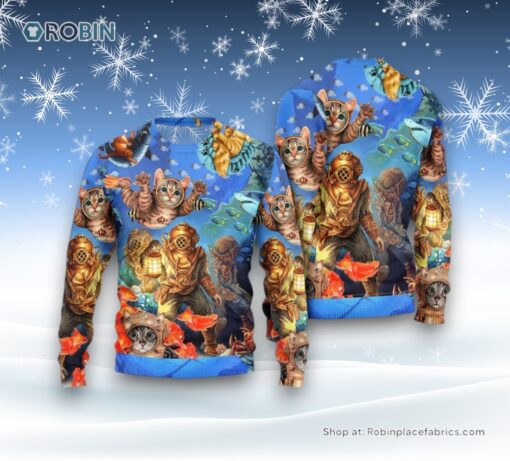 Diving Cat Under The Sea Art Style Ugly Christmas Sweater, Christmas Gift For Cat Love