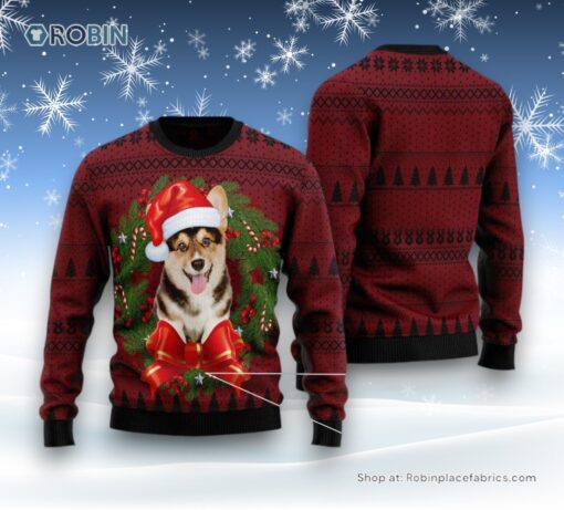Dog Ugly Christmas Sweater, Corgi Wreath Ugly Christmas Sweater, Funny Xmas Sweater