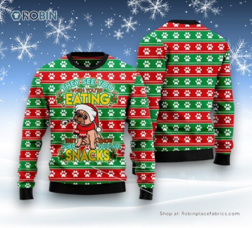 Dog Ugly Christmas Sweater, French Bulldog See You Eating Snacks Ugly Christmas Sweater, Funny Xmas Sweater