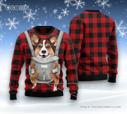 Dog Ugly Christmas Sweater, Front Carrier Dog Pembroke Welsh Corgi Ugly Christmas Sweater, Funny Xmas Sweater