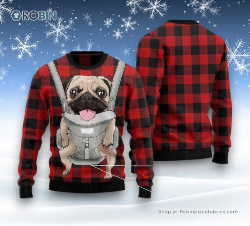 Dog Ugly Christmas Sweater, Front Carrier Dog Pug Ugly Christmas Sweater, Funny Xmas Sweater