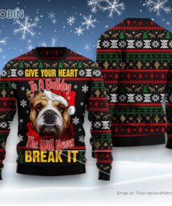 Dog Ugly Christmas Sweater, Give Your Heart Bulldog Ugly Christmas Sweater, Funny Xmas Sweater
