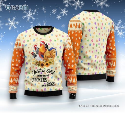 Dog Ugly Christmas Sweater, Just A Girl Who Loves Chickens And Dogs Ugly Christmas Sweater, Funny Xmas Sweater