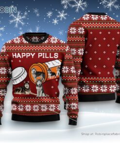 Dog Ugly Christmas Sweater, Siberian Husky Happy Pills Ugly Christmas Sweater, Funny Xmas Sweater