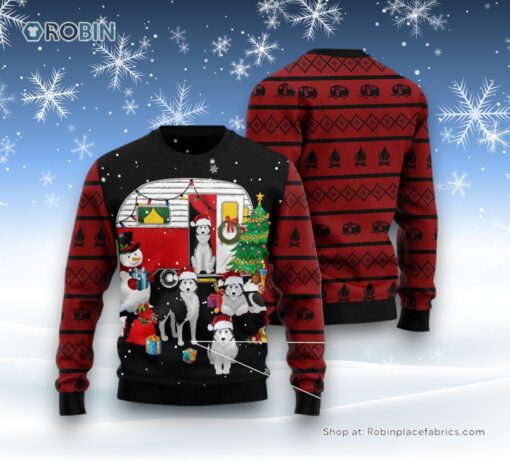 Dog Ugly Christmas Sweatshirt, Sweater, Camping Car And Siberian Husky Ugly Christmas Sweatshirt, Sweater, Funny Xmas Sweater
