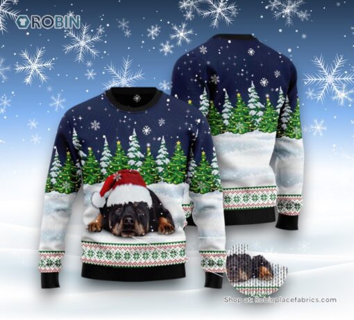 Dog Ugly Christmas Sweatshirt, Sweater, Dreaming Rottweiler Under Snow Ugly Christmas Sweatshirt, Sweater, Funny Xmas Sweater