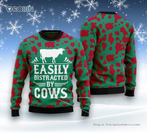 Easily Distracted By Cows Ugly Christmas Sweatshirt, Sweater