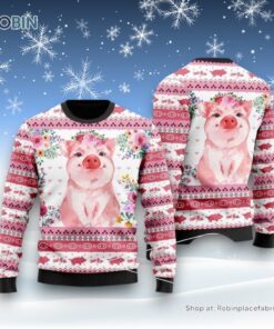 Floral Pink Piggy Ugly Christmas Sweater For Men And Women, Farm Ugly Sweater