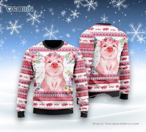 Floral Pink Piggy Ugly Christmas Sweater For Men And Women, Farm Ugly Sweater