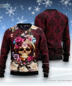 Flower Skull Ugly Christmas Sweatshirt, Sweater Flower Skull Ugly Christmas Sweatshirt, Sweater