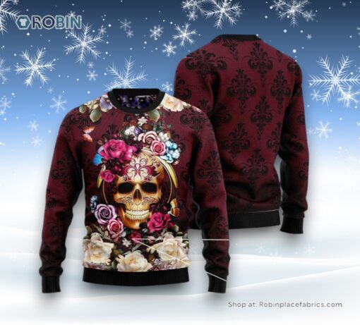 Flower Skull Ugly Christmas Sweatshirt, Sweater