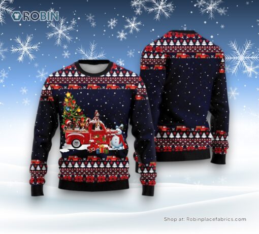 Funny Dogs With Red Truck Christmas Holiday Ugly Christmas Sweater, Christmas Gift For Dog Love