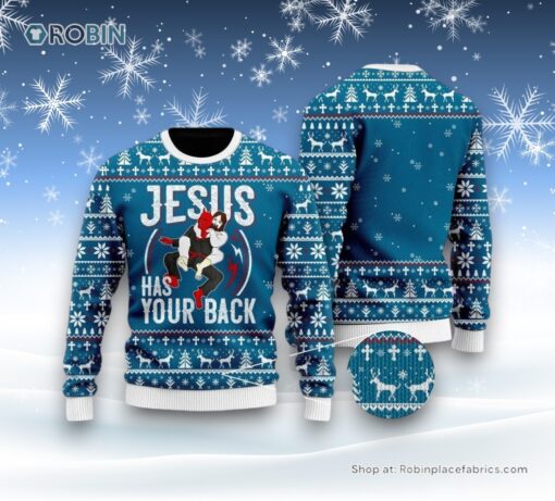 Funny Jesus Has Your Back Jiu Jitsu Ugly Christmas Sweatshirt, Sweater For Men & Women, Christian Sweater, God Gift