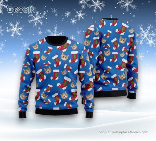 Funny Scotland Straight Cat With Santa Socks Ugly Christmas Sweater, Christmas Gift For Cat Love