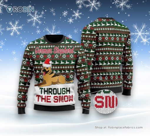 German Shepherd Dogs Through The Snow Christmas Ugly Sweater, Christmas Gift For Dog Love
