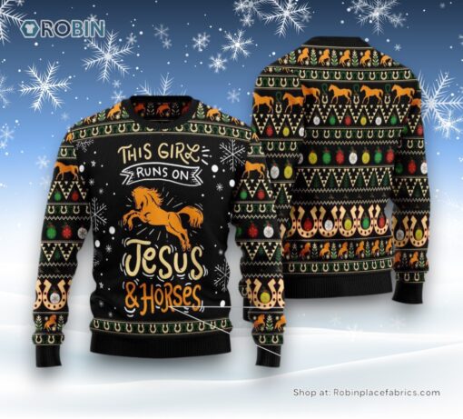 Girls Run On Jesus And Horses Ugly Christmas Sweater