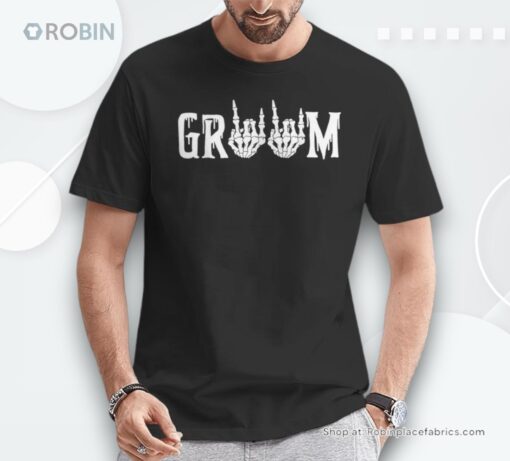 Groom Skeleton Rock Hand Halloween Wedding Bachelorette Shirt