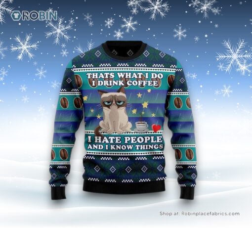 Grumpy Cat Coffee Funny Family Ugly Christmas Sweatshirt, Sweater, Christmas Gift For Cat Love
