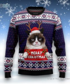 Grumpy Cat Merry Christmas Xmas Santa Hat Ugly Christmas Sweater, Christmas Gift For Cat Love