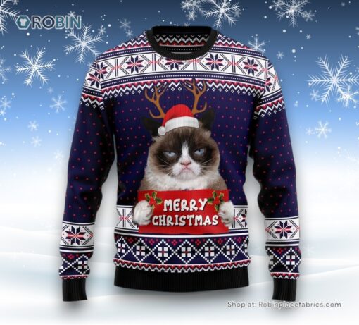 Grumpy Cat Merry Christmas Xmas Santa Hat Ugly Christmas Sweater, Christmas Gift For Cat Love