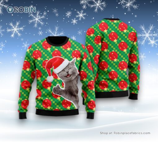 Happy Cat With Ornarment Christmas Ball Ugly Christmas Sweater, Christmas Gift For Cat Love