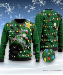 Ho Ho Ho Black Cat Christmas Tree Ugly Sweater, Christmas Gift For Cat Love