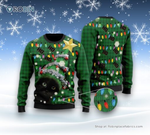 Ho Ho Ho Black Cat Christmas Tree Ugly Sweater, Christmas Gift For Cat Love