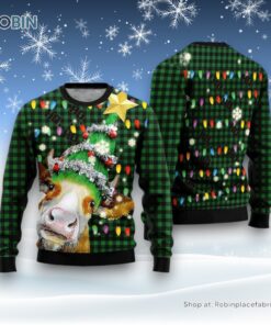 Ho Ho Ho Cow Christmas Tree Ugly Christmas Sweater For Men And Women, Farm Ugly Sweater