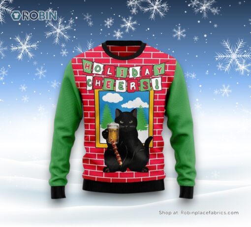 Holiday Cheer Black Cat Beer Christmas Ugly Christmas Sweater, Christmas Gift For Cat Love