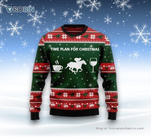 Horse Racing Wine Coffee Time Plan For Ugly Christmas Sweater For Men And Women, Farm Ugly Sweater