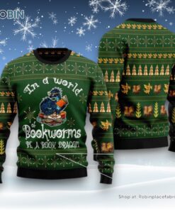 In A World Of Bookworms Be A Book Dragon Ugly Christmas Sweatshirt, Sweater