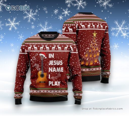 In Jesus Name I Play Guitar Ugly Christmas Sweatshirt, Sweater