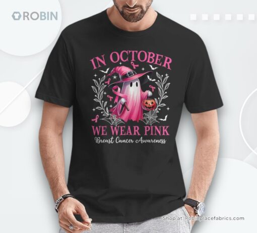 In October We Wear Pink Ghost Witch Breast Cancer Awareness Shirt