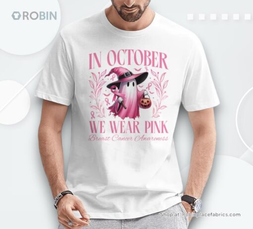 In October We Wear Pink Witch Ghost Pumpkin Breast Cancer Shirt
