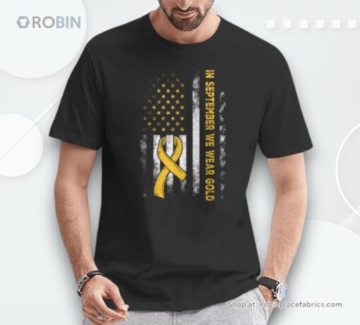 In September We Wear Gold Us Flag Childhood Cancer Awareness Shirt
