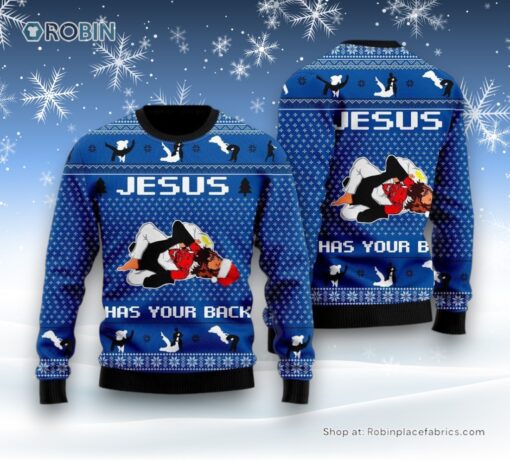 Jesus Has Your Back Jiu Jitsu Ugly Christmas Sweater For Men & Women, Christian Sweater, God Gift