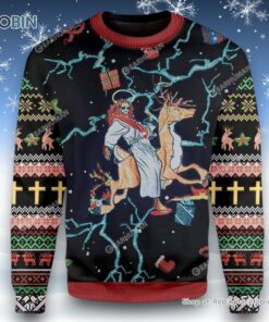 Jesus Riding Reindeer Black Ugly Christmas Sweatshirt, Sweater For Men & Women, Christian Sweater, God Gift