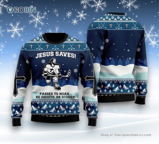 Jesus Saves Hockey Ugly Christmas Sweater For Men & Women, Christian Sweater, God Gift