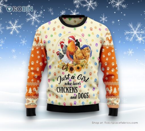 Just A Girl Who Loves Chickens And Dogs Ugly Christmas Sweatshirt, Sweater, Christmas Gift For Dog Love