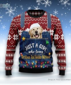 Just A Girl Who Loves Christmas And Golden Retriever Ugly Christmas Sweater, Christmas Gift For Dog Love