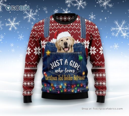 Just A Girl Who Loves Christmas And Golden Retriever Ugly Christmas Sweater, Christmas Gift For Dog Love