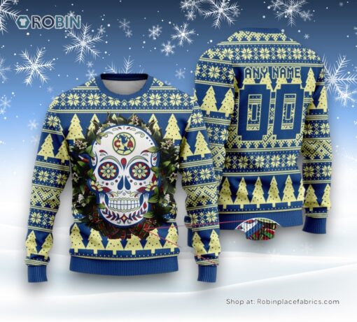 LIGA MX Club America Special Sugar Skull Christmas Ugly Sweater and Sweatshirt